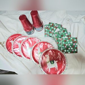 Llama Christmas Disposable Plates, Napkins & Cups, NEW, Party, LOT #1